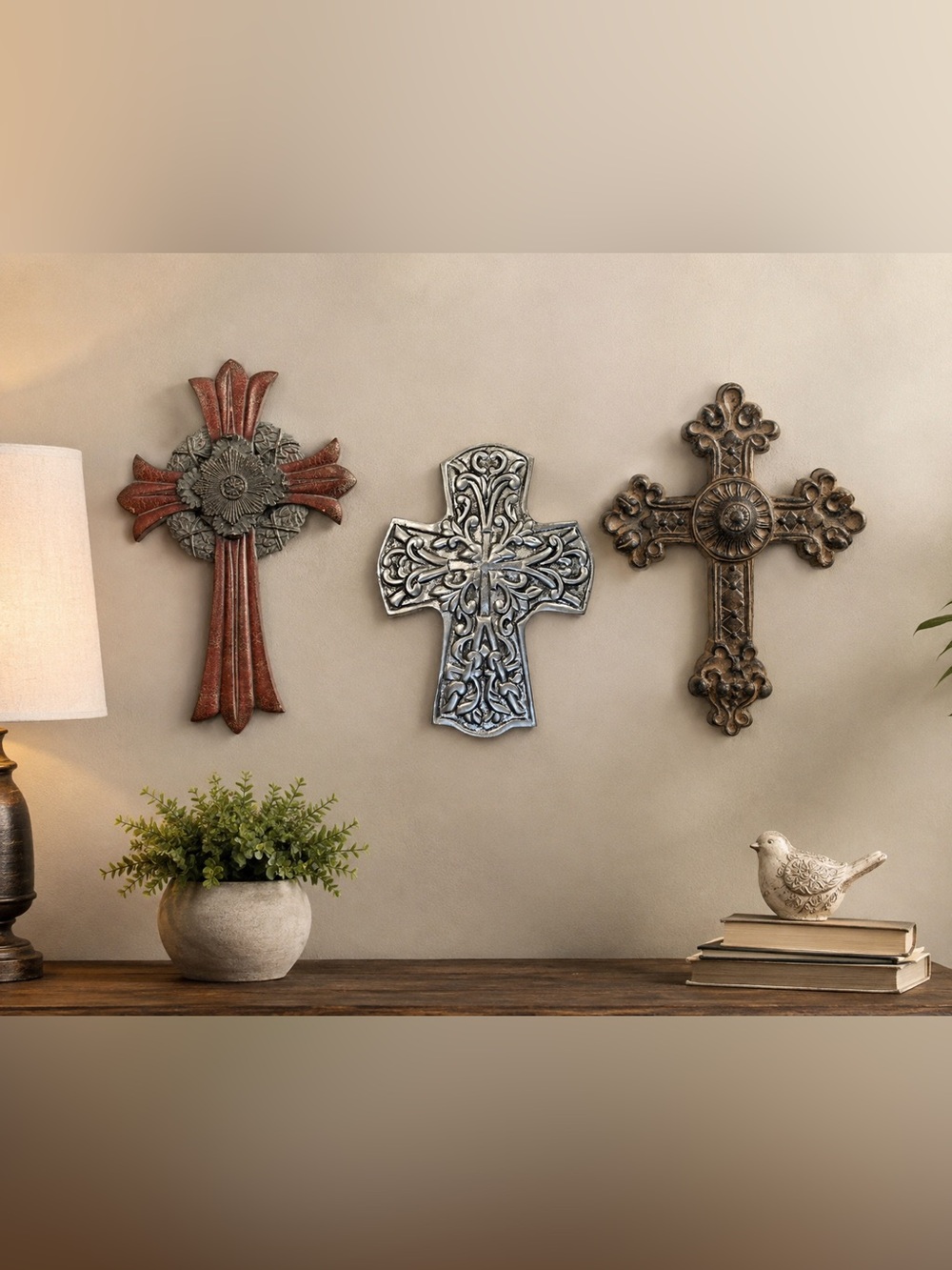 Decorative Metal Wall Crosses Set of 3 Red Silver Tone Bronze Tone
